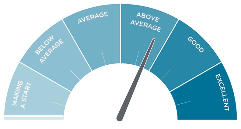 Energy indicator rating dial showing a needle across a blue gradient dial